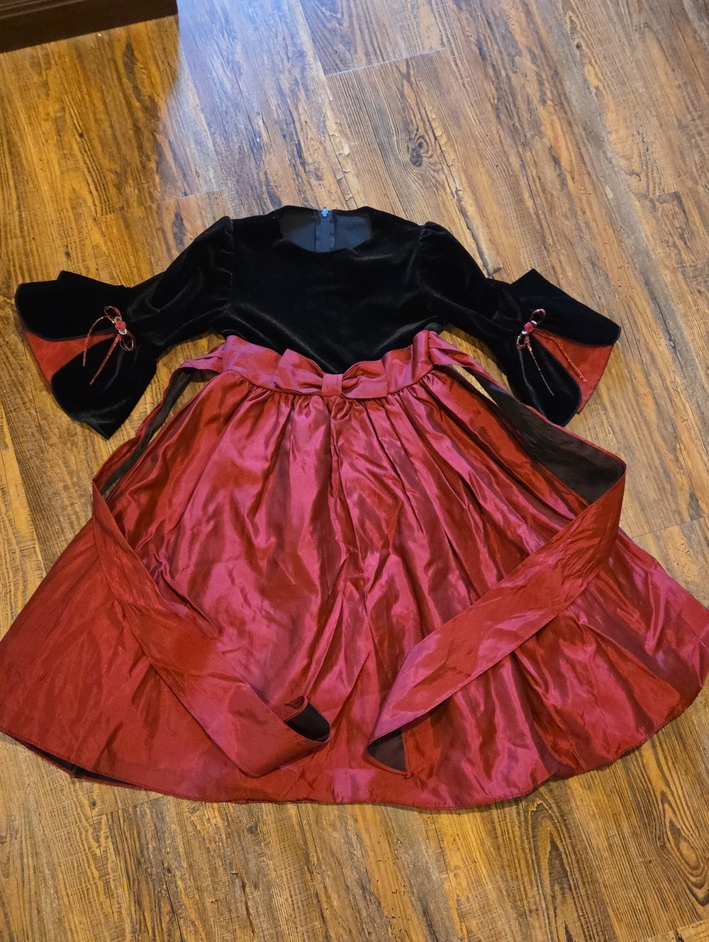 Girls' Black Velvet and Burgundy Satin Party Dress with Bow Sash